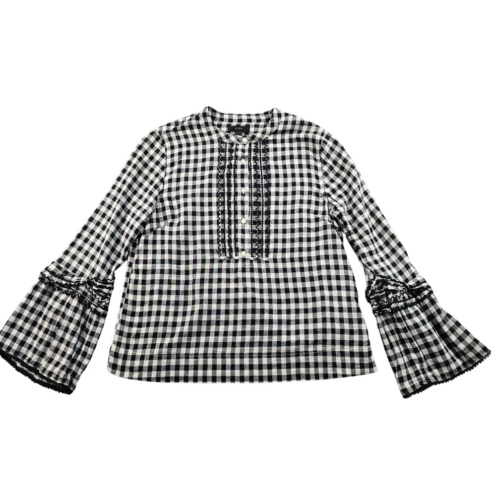 J.CREW Blouse Top Women's 6 White Black Gingham Check Bell Sleeve Button‎ Front
